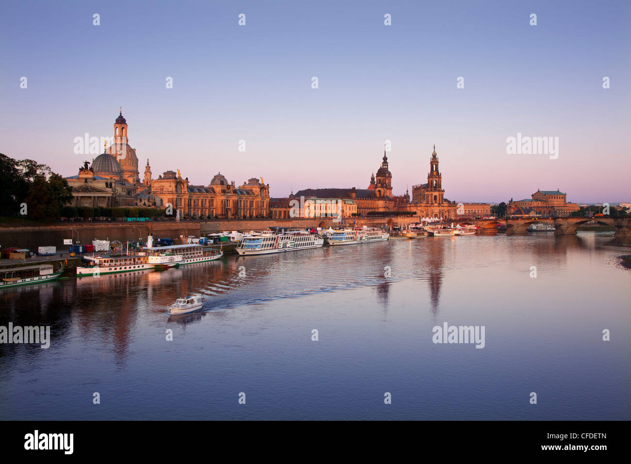 Panoramic view over the Elbe river to Bruehlsche Terrasse, University of visual arts, Frauenkirche, Staendehaus, Dresden castle, Stock Photo