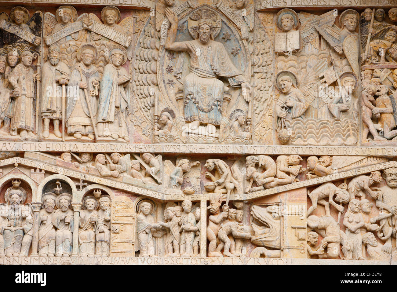 Tympanum showing Christ in Glory and the Last Judgment, Sainte Foy Abbey church, Conques, Aveyron, Massif Central, France Stock Photo
