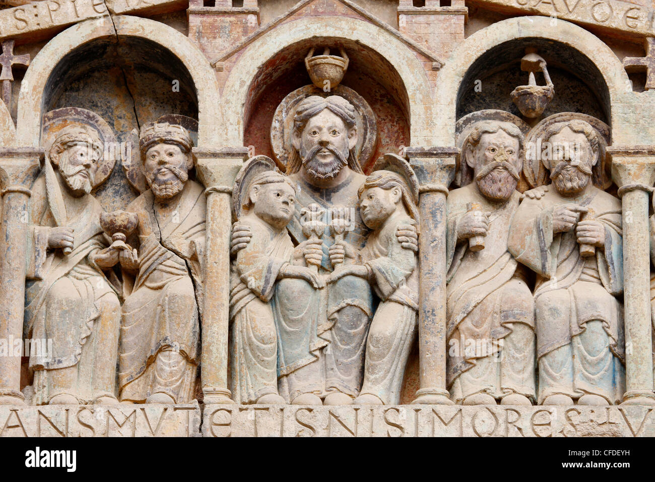 Tympanum showing Abraham, Sainte Foy Abbey church, Conques, Aveyron, Massif Central, France, Europe Stock Photo