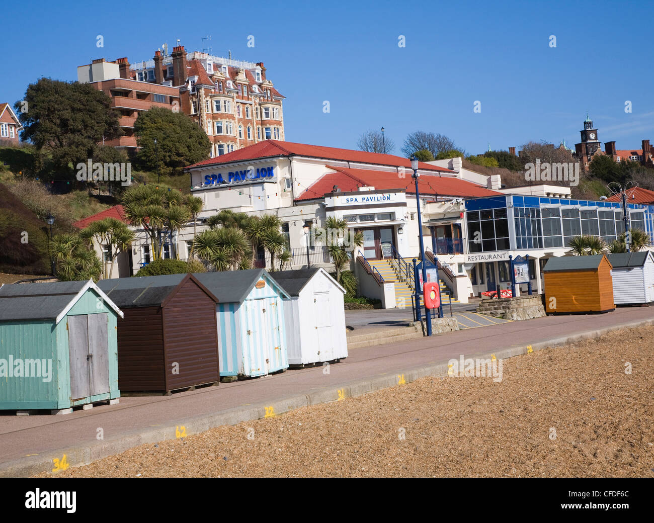 Beach huts on the promenade at Felixstowe, Suffolk, England Stock Photo