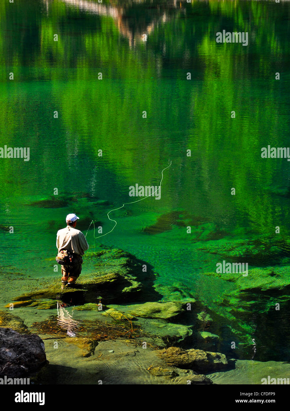 Man fly fishing, Vancouver Island Stamp River, British Columbia