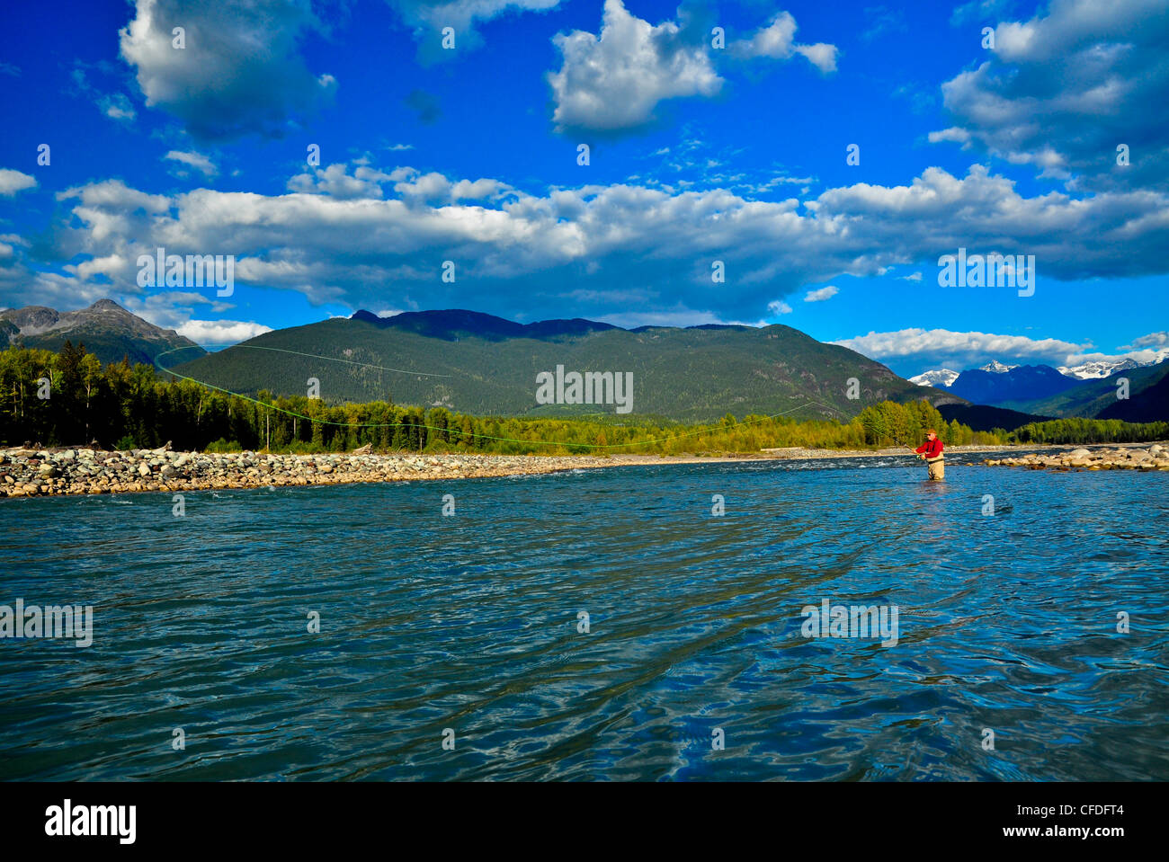 Man fly fishing, Copper River, British Columbia, Canada Stock Photo