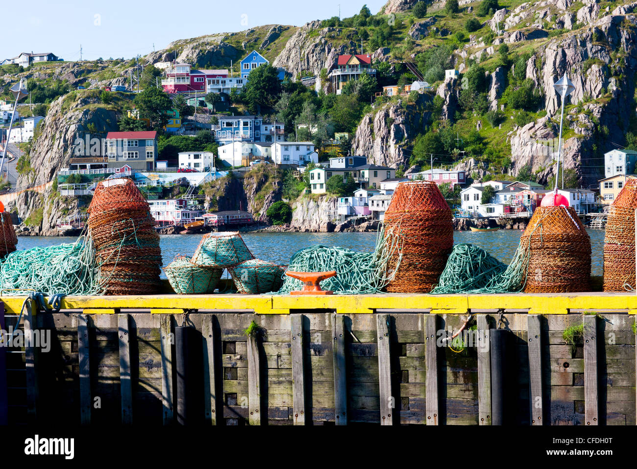 Crab traps on southside of St. John's Harbour with the Battery in background, Newfoundland, Canada Stock Photo