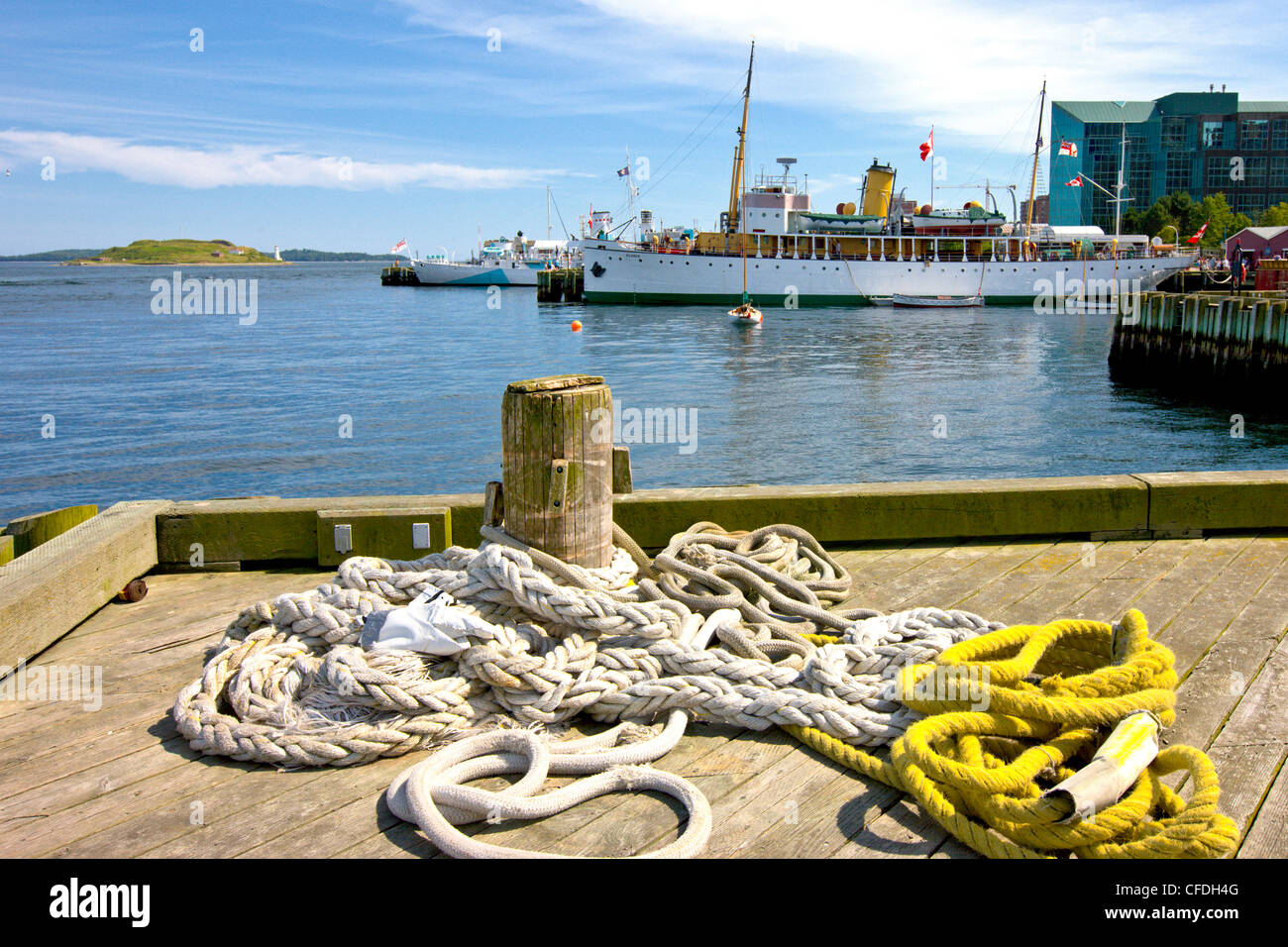 Ropes and capstain with Marine Museum of the Atlantic Ship in