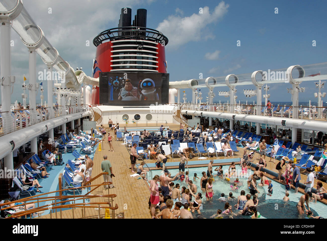 Swimming pools and outdoor theater on the Disney Cruise Line's Disney Dream Cruise Ship Stock Photo