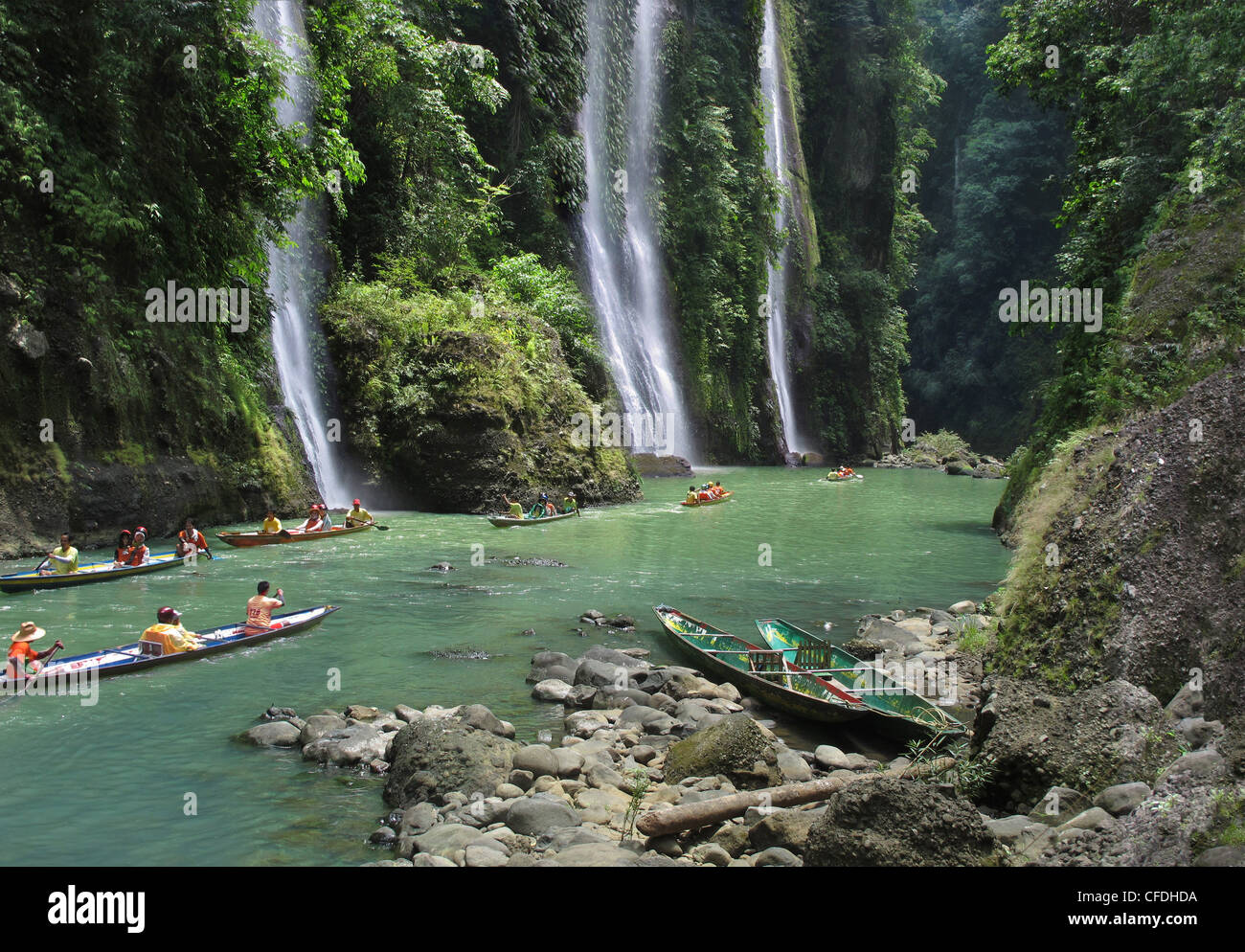 Tourists in boats in front of Pagsanjan Falls, Laguna, Luzon Island, Philippines, Asia Stock Photo