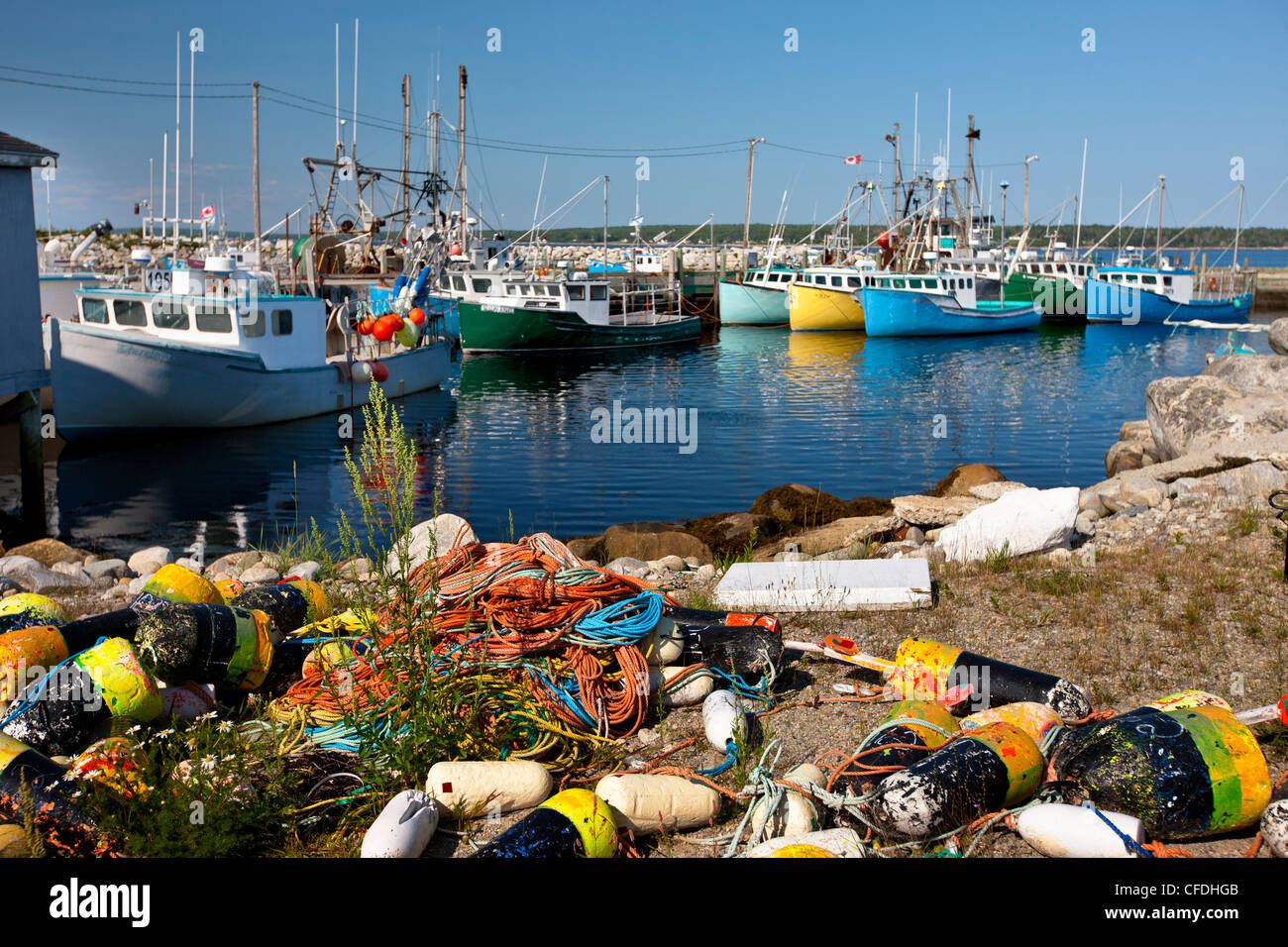 Fishing boats tied up at Gunning Cove Wharf, Nova Scotia, Canada Stock Photo