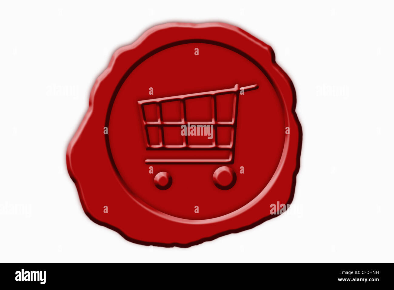 Detail photo of a red seal with a shopping cart Symbol in the middle Stock Photo