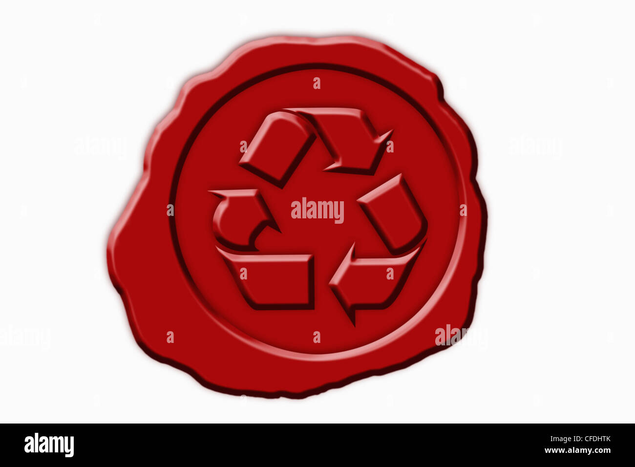 Detail photo of a red seal with a recycling Symbol in the middle Stock Photo