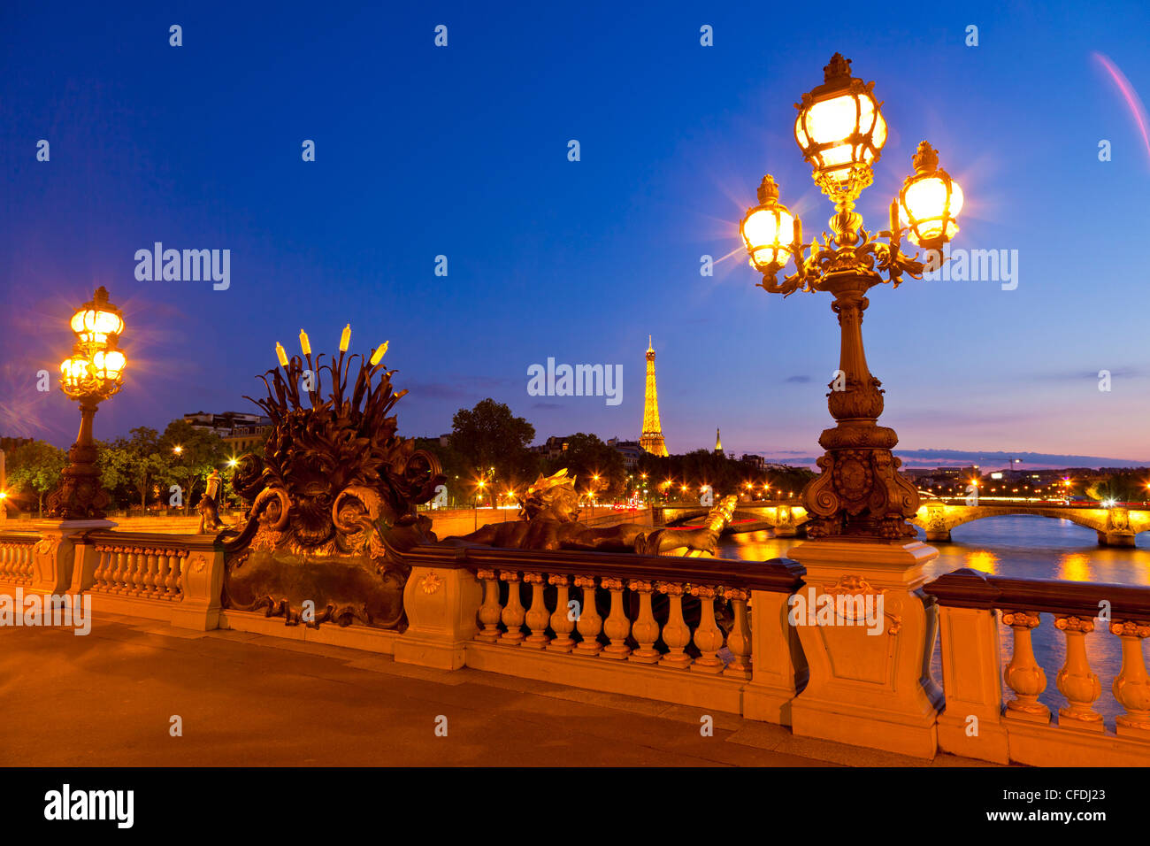 Eiffel Tower as seen from the Pont Alexandre III (Alexander III Bridge) at night, Paris, France, Europe Stock Photo