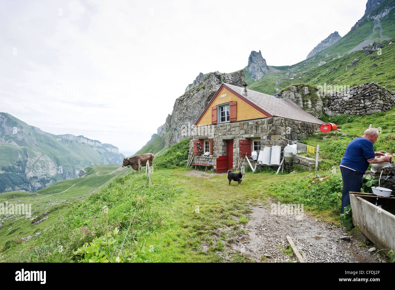 Alpine hut at Meglisalp, Alpsteingebirge, Saentis, Appenzeller Land, Switzerland, Europe Stock Photo
