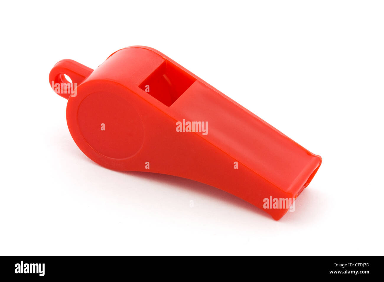 Red plastic whistle over white Stock Photo