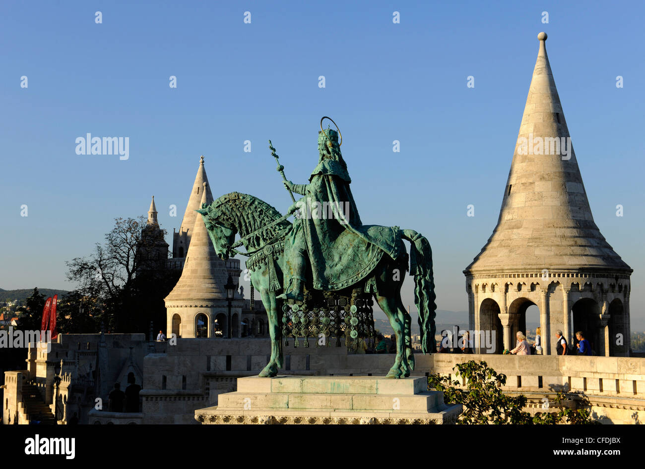 Monument of Saint Stephen and Fisherman's Bastion in the sunlight, Budapest, Hungary, Europe Stock Photo