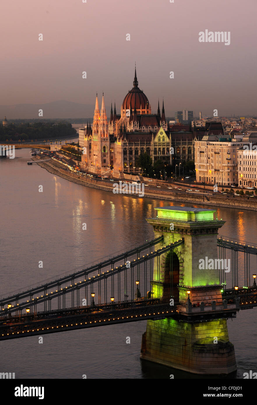 View of Danube river, Chain Bridge and House of Parliament in the evening, Budapest, Hungary, Europe Stock Photo