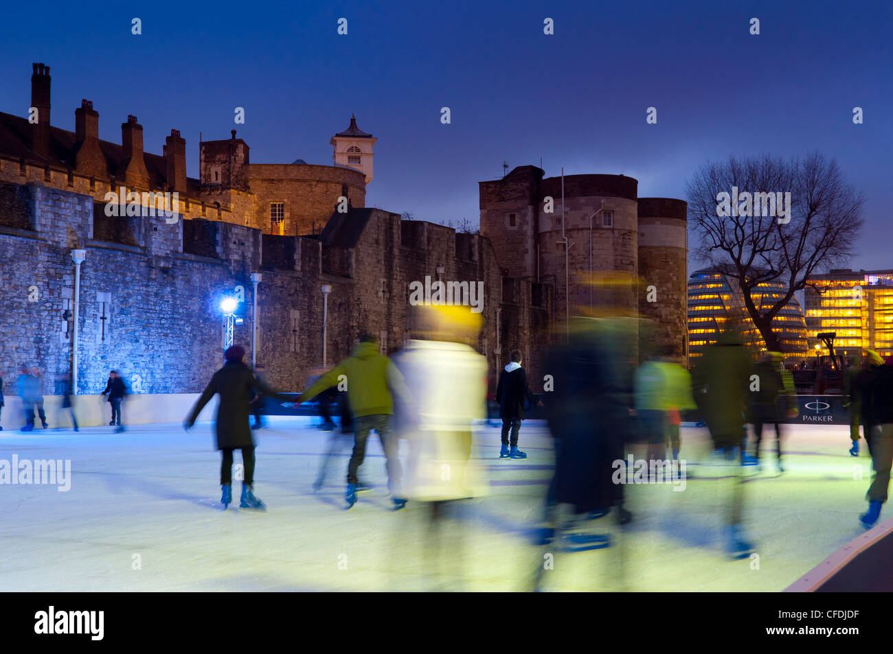 Ice skating in winter, Tower of London, London, England, United Kingdom, Europe Stock Photo