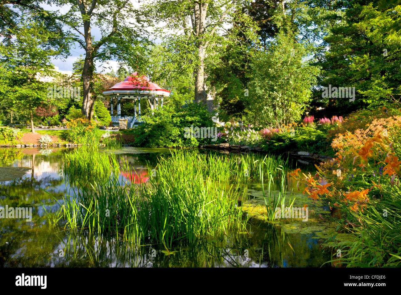 Gazebo, flower gardens and pond in summer, Halifax Public Gardens