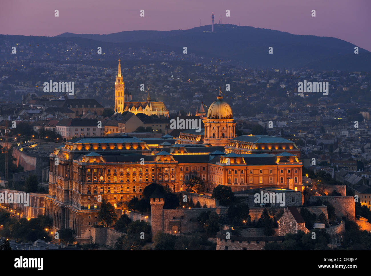 Castle hill with illuminated castle in the evening, Budapest, Hungary, Europe Stock Photo