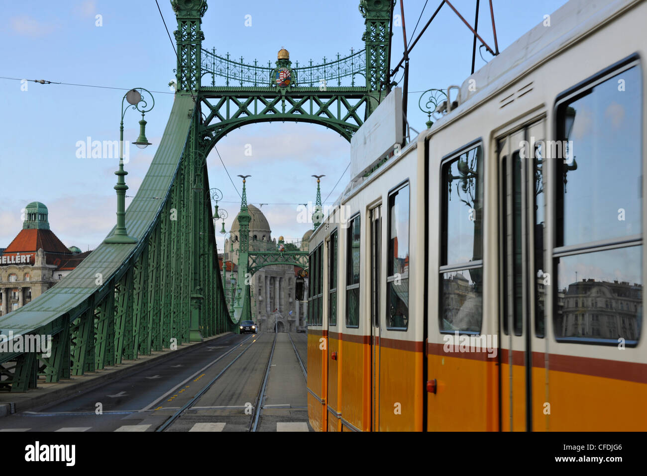 Tram on Liberty Bridge, Gellert Hotel in the background, Budapest, Hungary, Europe Stock Photo
