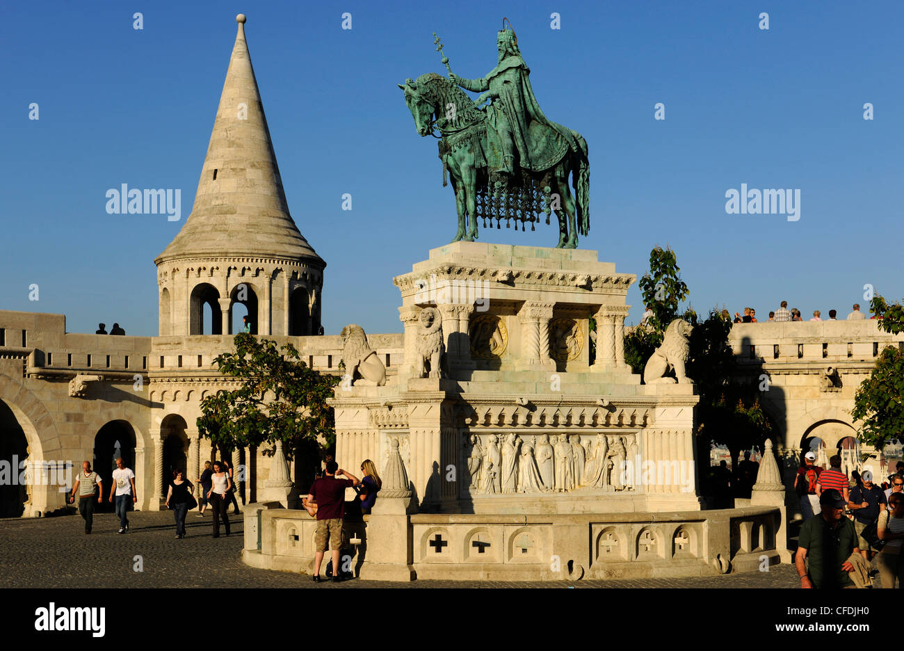 People at monument of Saint Stephen and Fisherman's Bastion, Budapest, Hungary, Europe Stock Photo