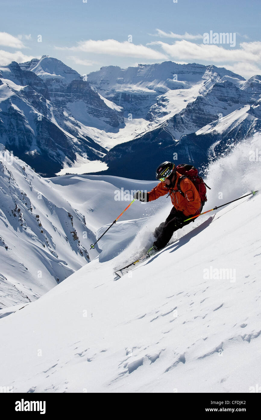 Young man skiing powder at Lake Louise Ski Area, Banff National Park