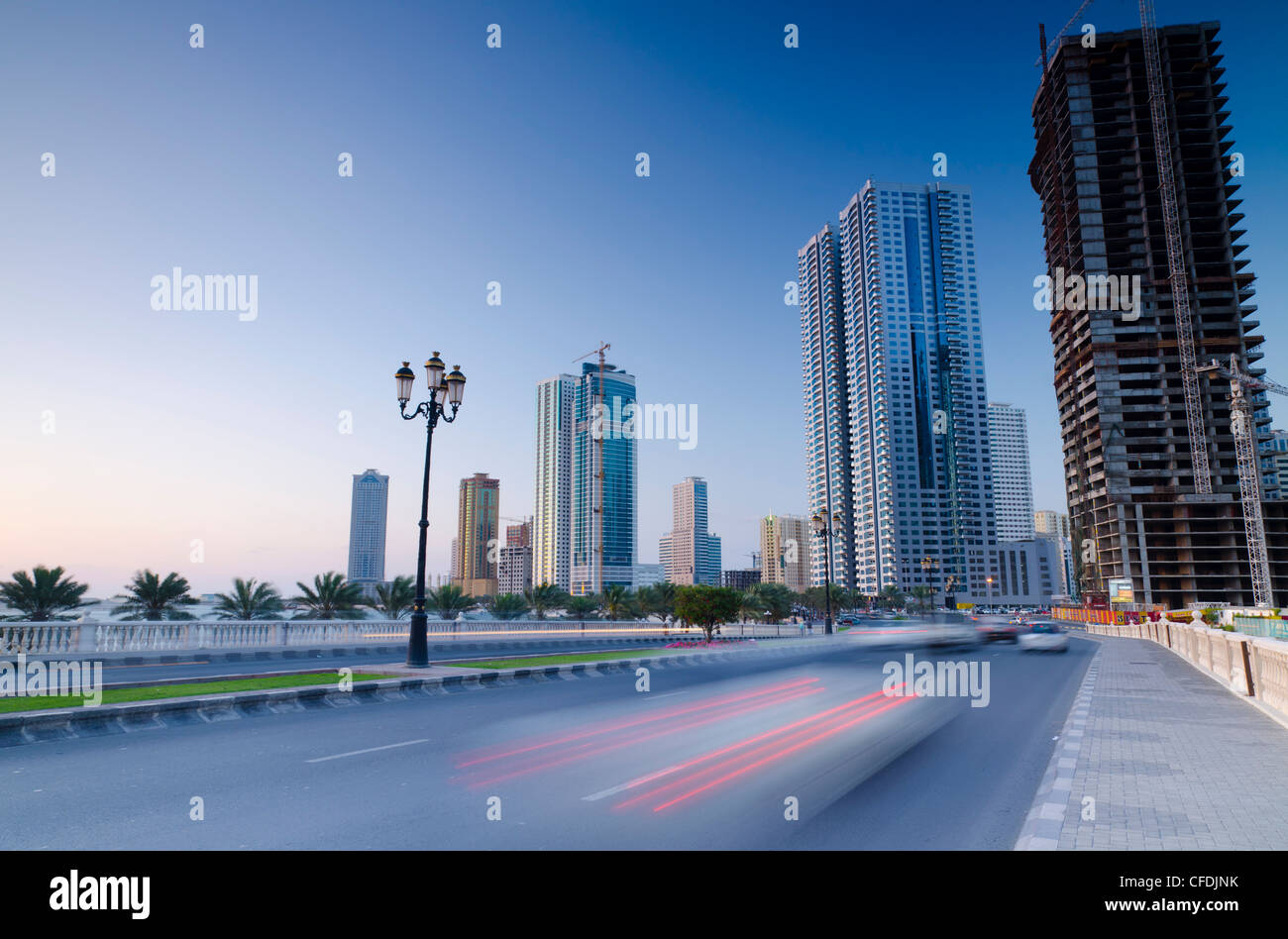 Al Khan Corniche and buildings,Al Khan Lagoon, Al Qasba Area, Sharjah, United Arab Emirates, Middle East Stock Photo