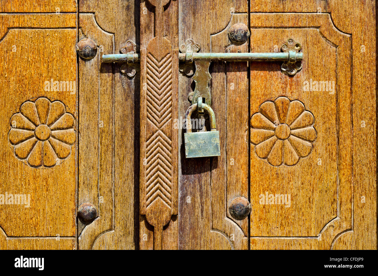 Detail of door and padlock, Bait Obaid al-Shamsi, a traditional house, Arts Area, Sharjah, United Arab Emirates, Middle East Stock Photo