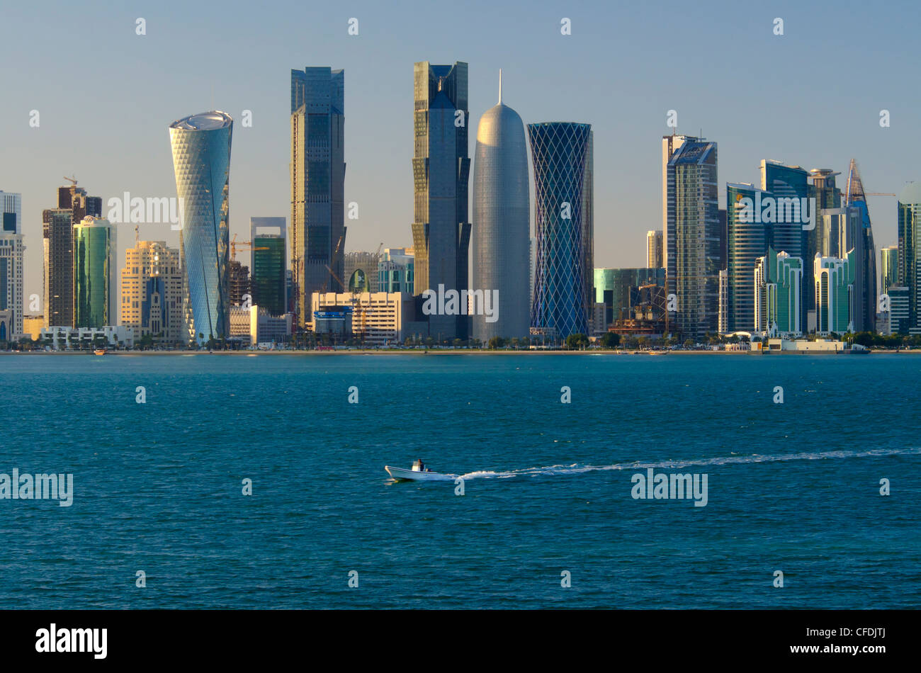 Modern skyline,Al Bidda Tower, Palm Towers, Burj Qatar and Tornado Tower, Doha, Qatar, Middle East Stock Photo