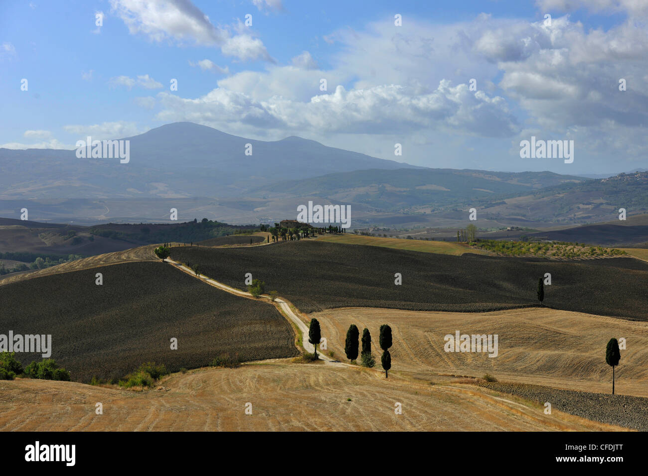 Hilly landscape under clouded sky, Crete, Tuscany, Italy, Europe Stock Photo