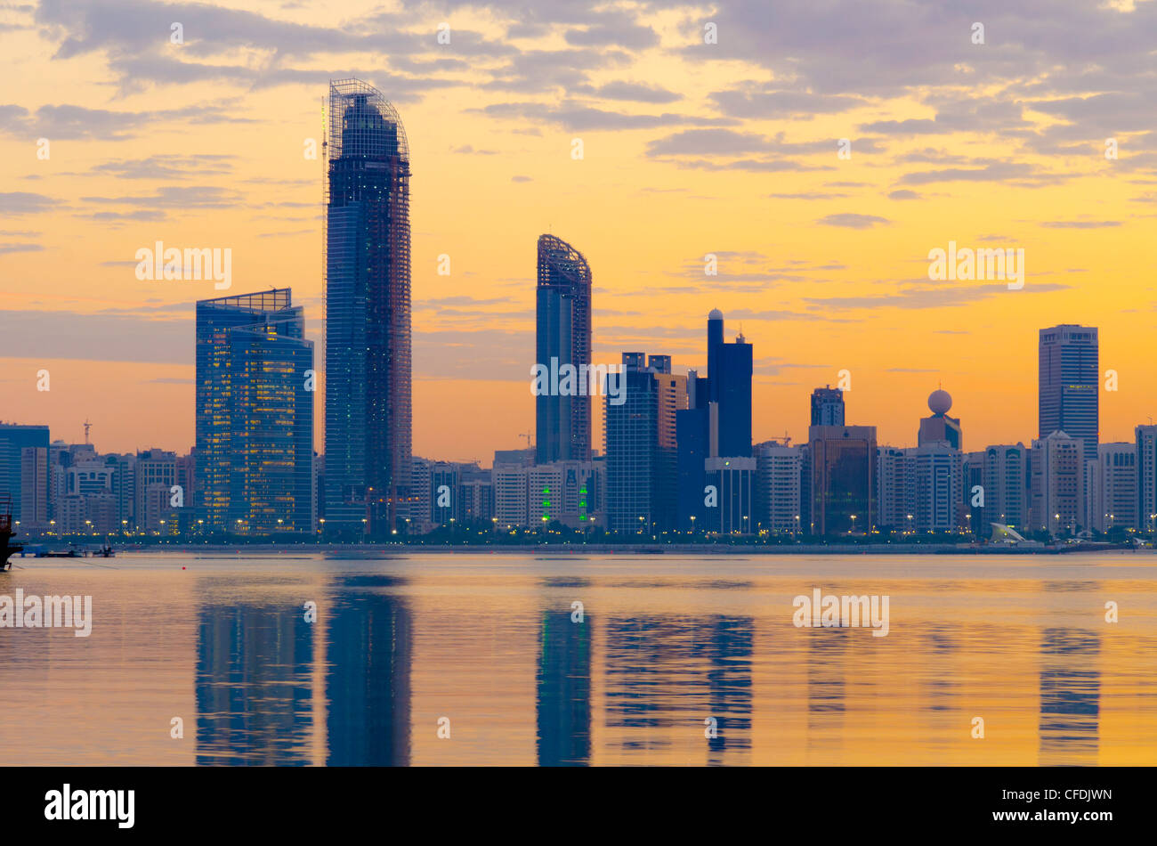 City skyline at dawn, Abu Dhabi, United Arab Emirates, Middle East Stock Photo
