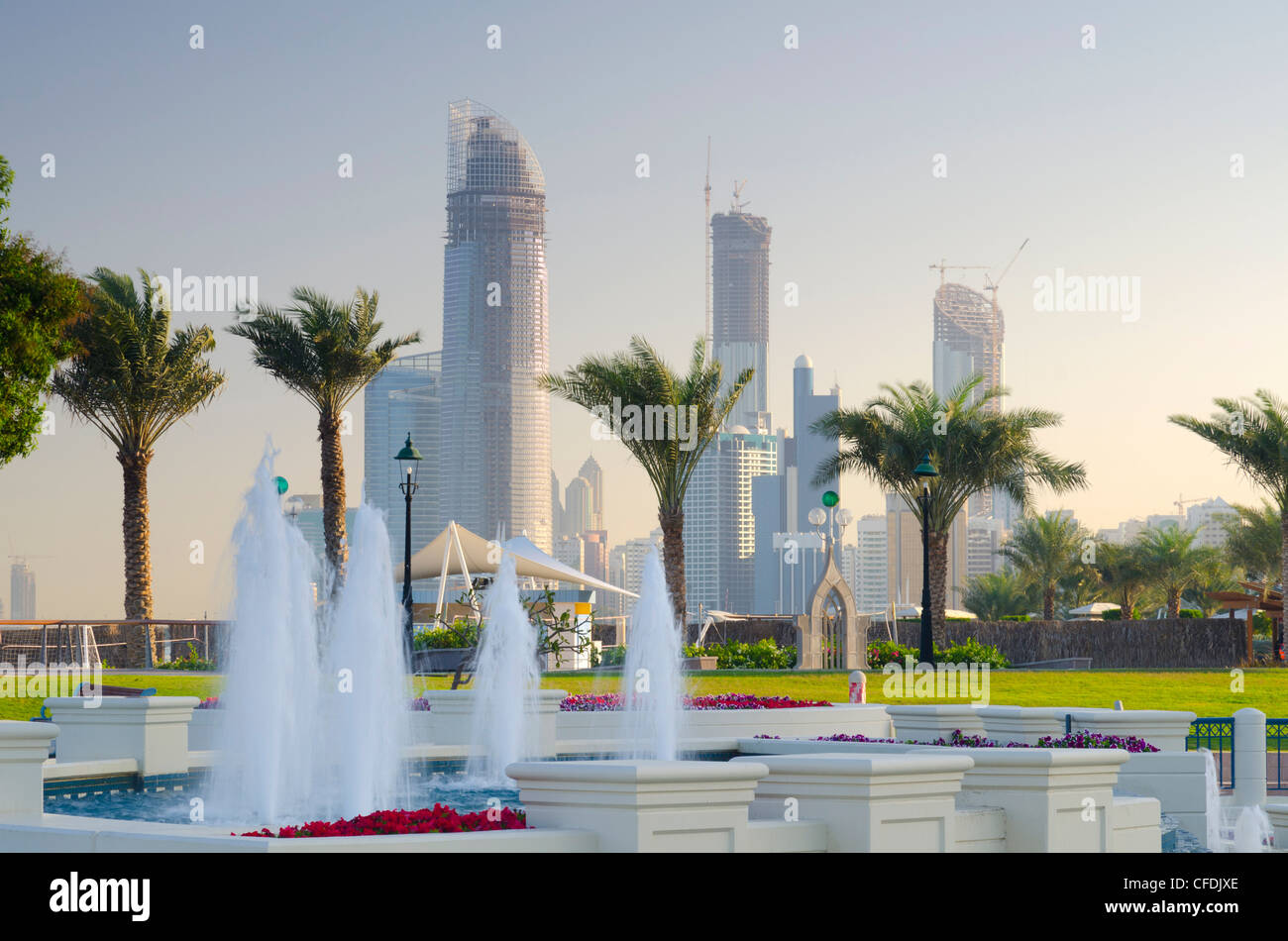 City skyline from the Corniche, Abu Dhabi, United Arab Emirates, Middle East Stock Photo
