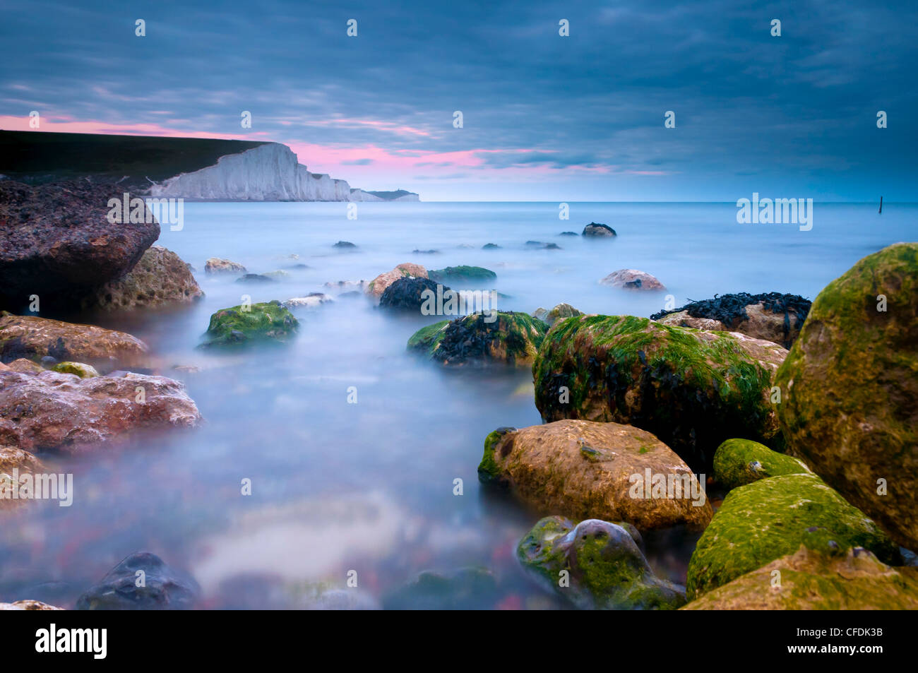 Seven Sisters Cliffs from Cuckmere Haven Beach, South Downs, East Sussex, England, United Kingdom, Europe Stock Photo