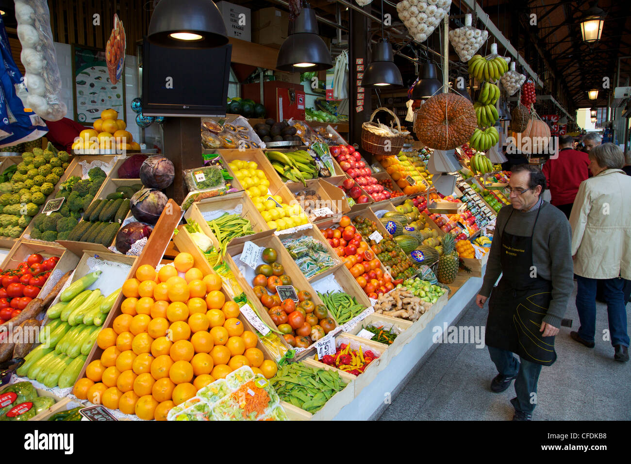 Fresh fruit and vegetables for sale in market, Mercado de San Miquel