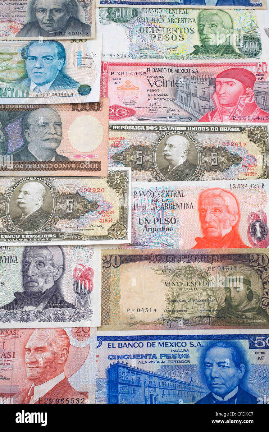Assorted foreign currency bank notes Stock Photo