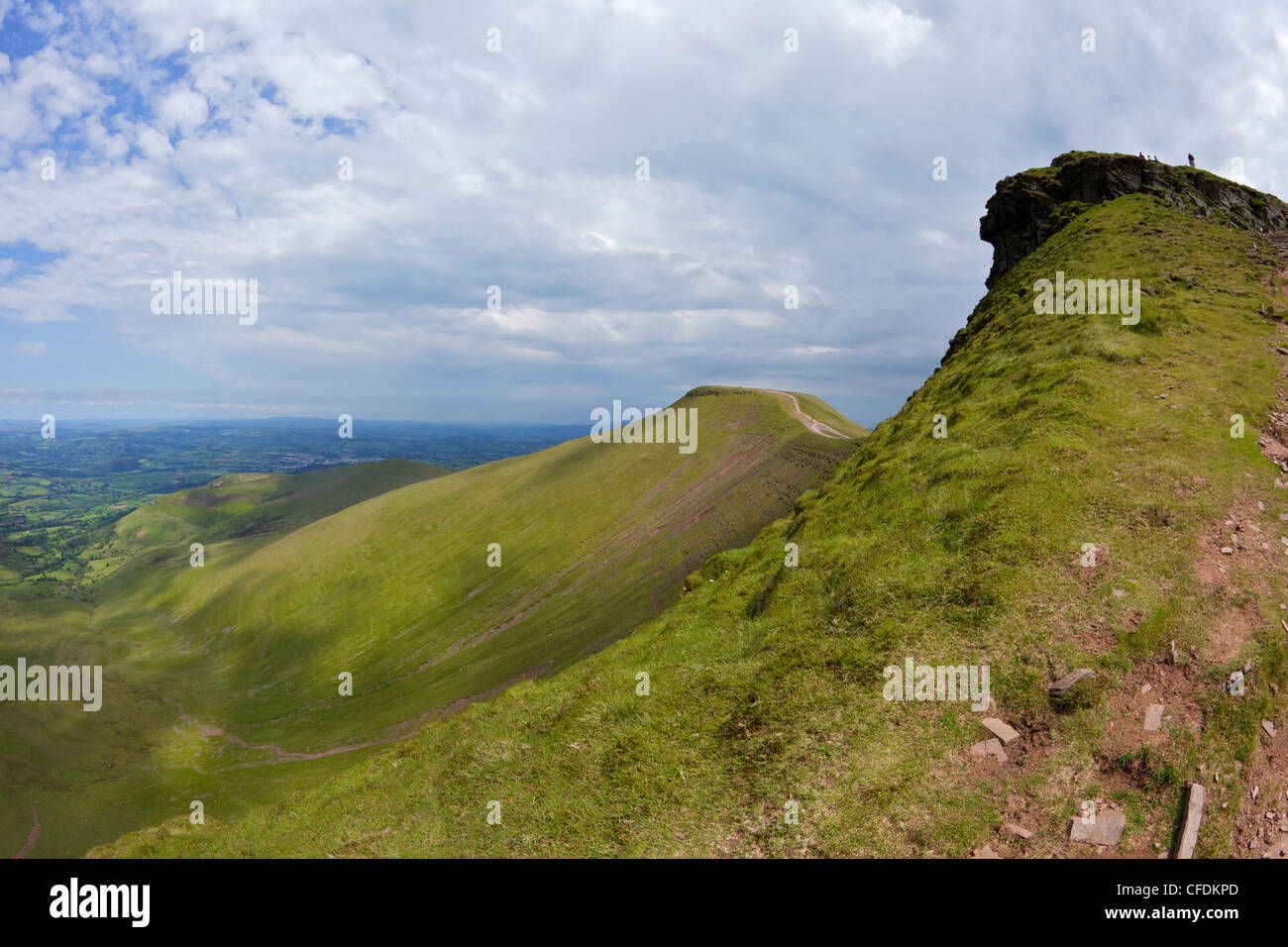 Walkers on Pen-y-Fan in spring sunshine, Brecon Beacons National Park, Powys, Wales, United Kingdom, Europe Stock Photo