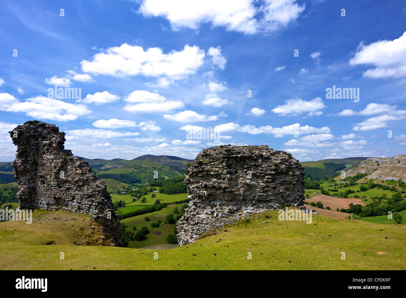 View towards limestone escarpment of Creigiau Eglwyseg, from Castell Dinas Bran, Llangollen, Denbighshire, Wales, United Kingdom Stock Photo