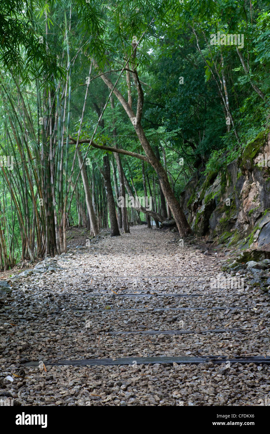 Original rail tracks of Burma Thailand Death Railway at Hellfire Pass, near Kanchanaburi, Thailand Stock Photo