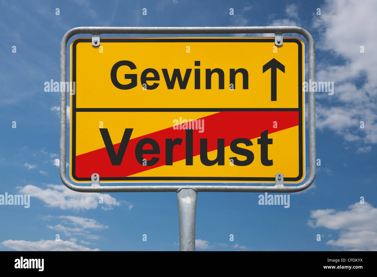Town sign Germany, End of the town with the inscription end of deficit, beginning profit, background sky. Stock Photo