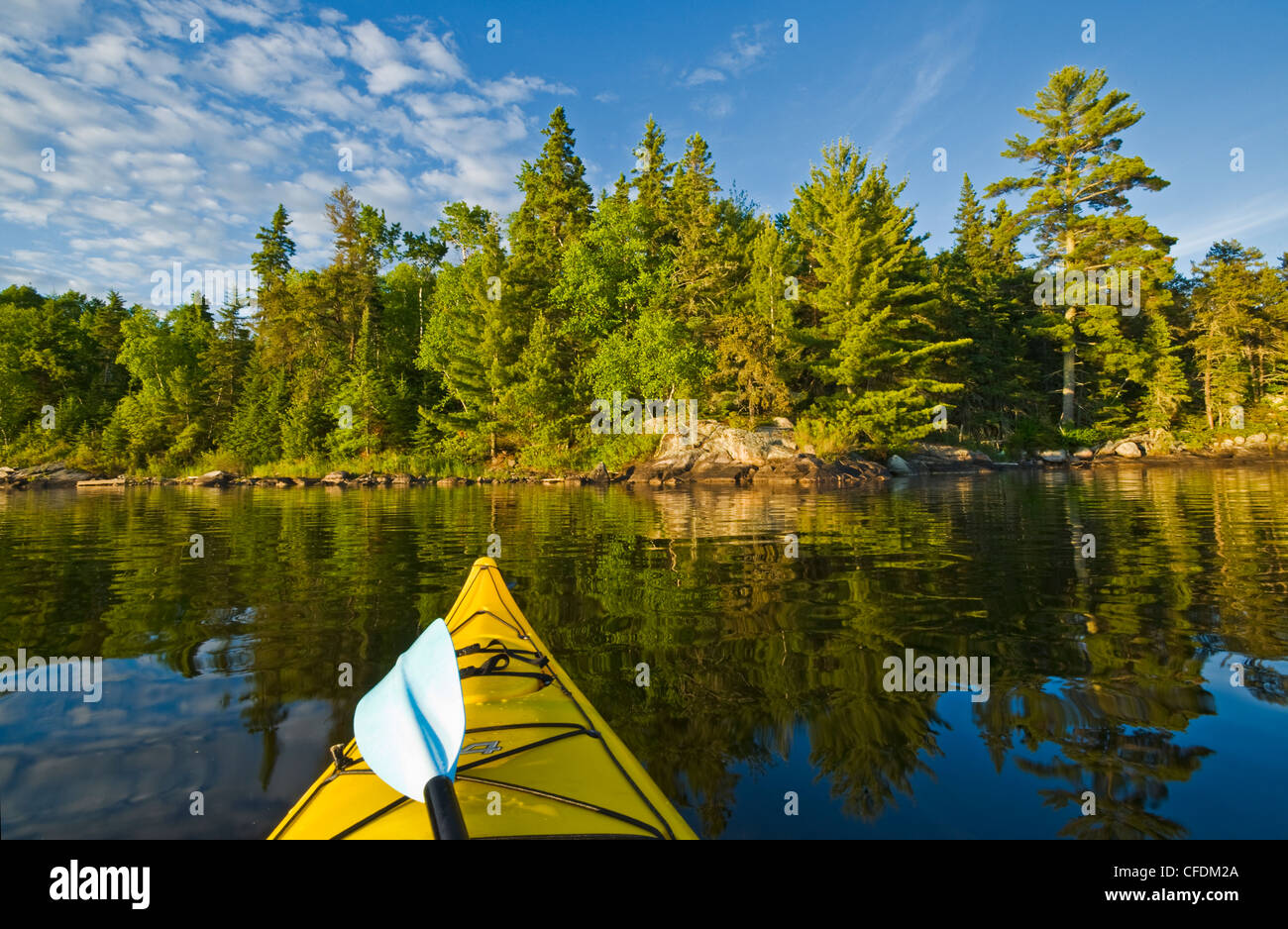 Kayak on Lake of the Woods, Northwestern Ontario, Canada Stock Photo