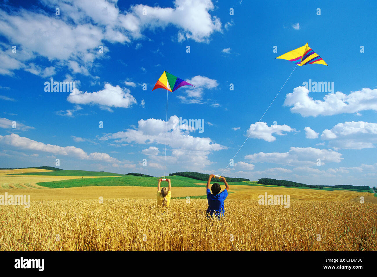 Children kite flying in wheat field, Tiger Hills, Manitoba, Canada Stock Photo
