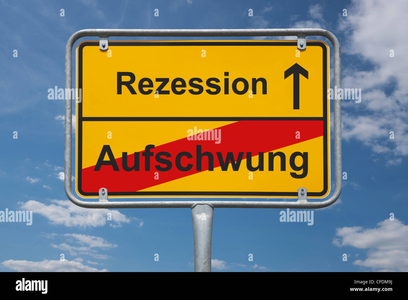 Town sign Germany, End of the town with the inscription end of upswing, beginning downturn, background sky. Stock Photo