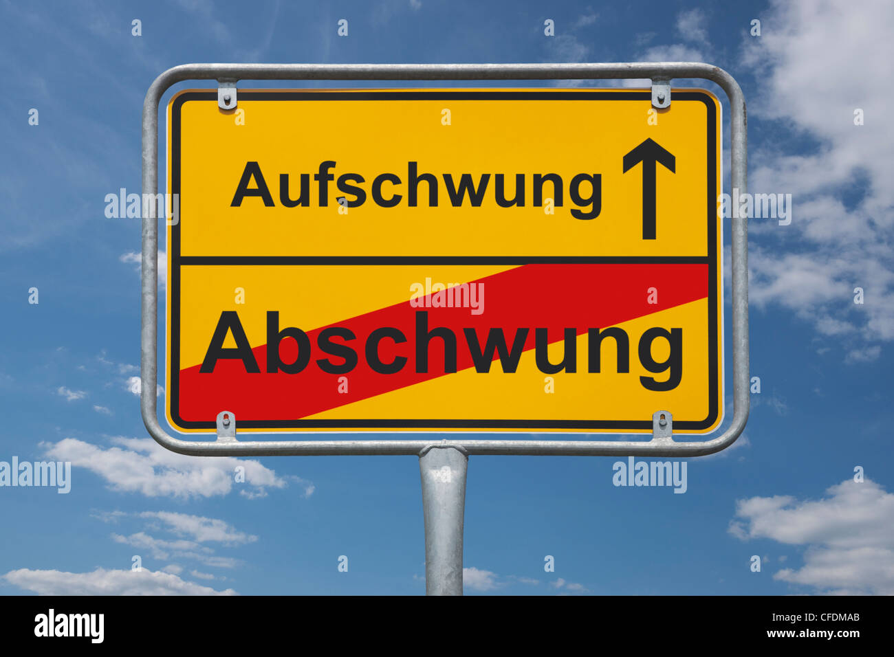 Town sign Germany, End of the town with the inscription end of downturn, beginning upswing, background sky. Stock Photo