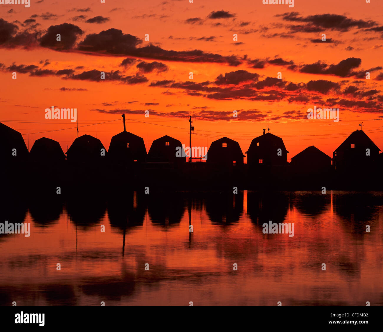 Fishing sheds at dawn, Malpeque, Prince Edward Island, Canada Stock Photo