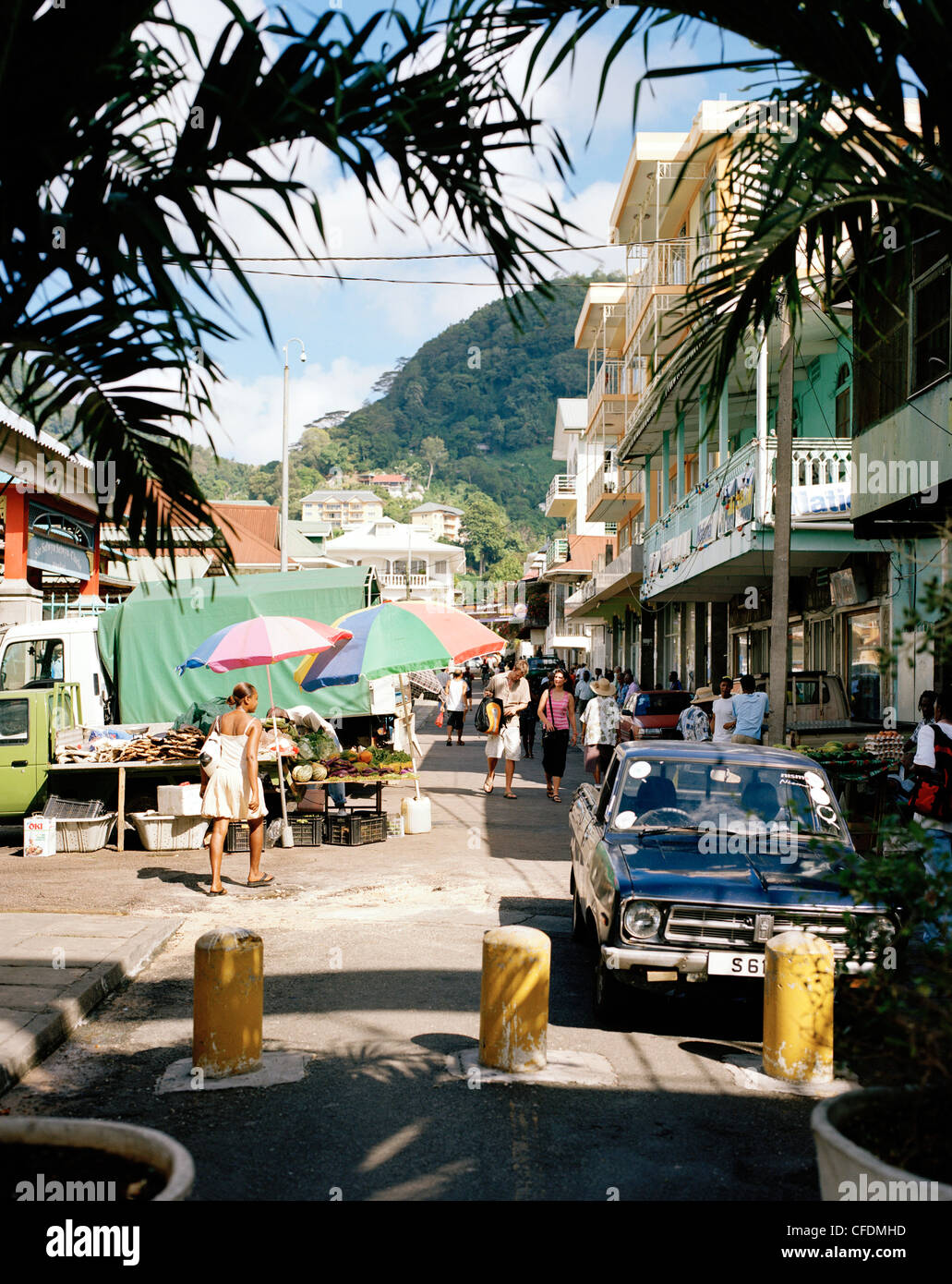 People on Market street at the capital Victoria, district Greater Victoria, Mahe, Republic of Seychelles, Indian Ocean Stock Photo