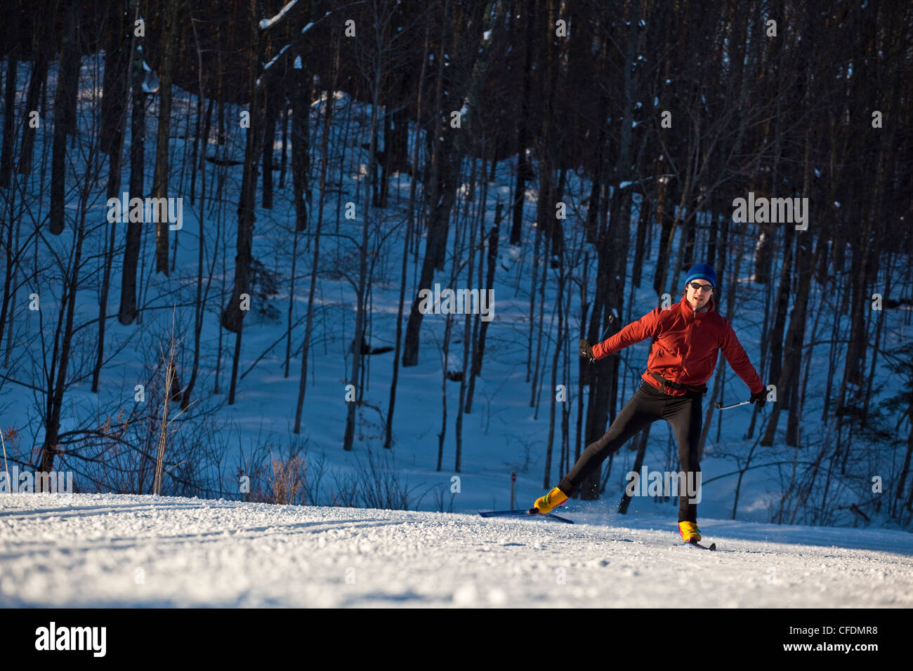 A man crosscountry skiing at Mt Orford, Quebec, Canada Stock Photo