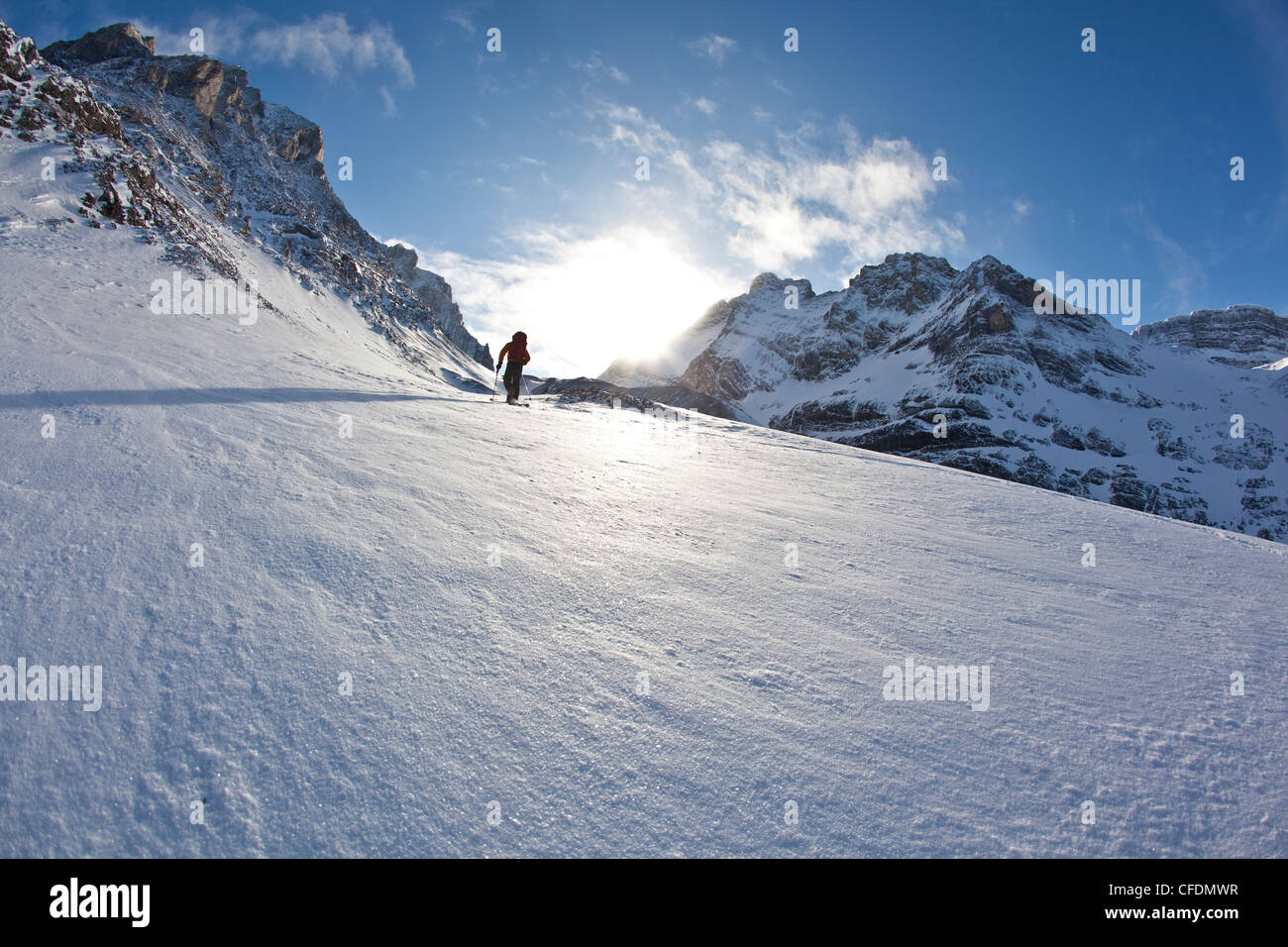 A man ski tours along the French/Haig Robertson Traverse, Peter Lougheed Provinicial Park, Kananaskis, Alberta, Canada Stock Photo