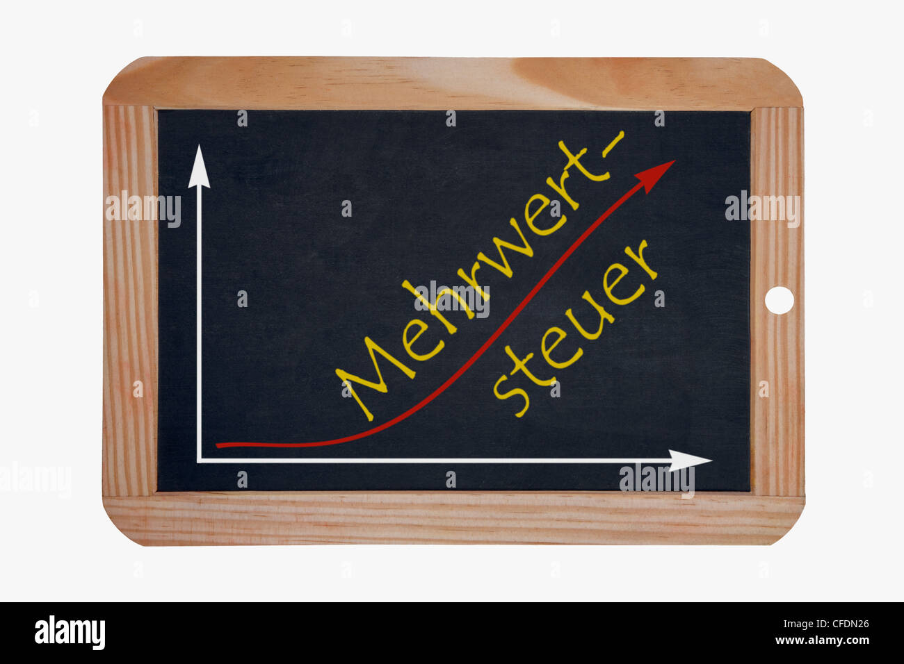Detail photo of a chalkboard, a chart with an increasing curve on this, beside the word VAT is written in German Stock Photo
