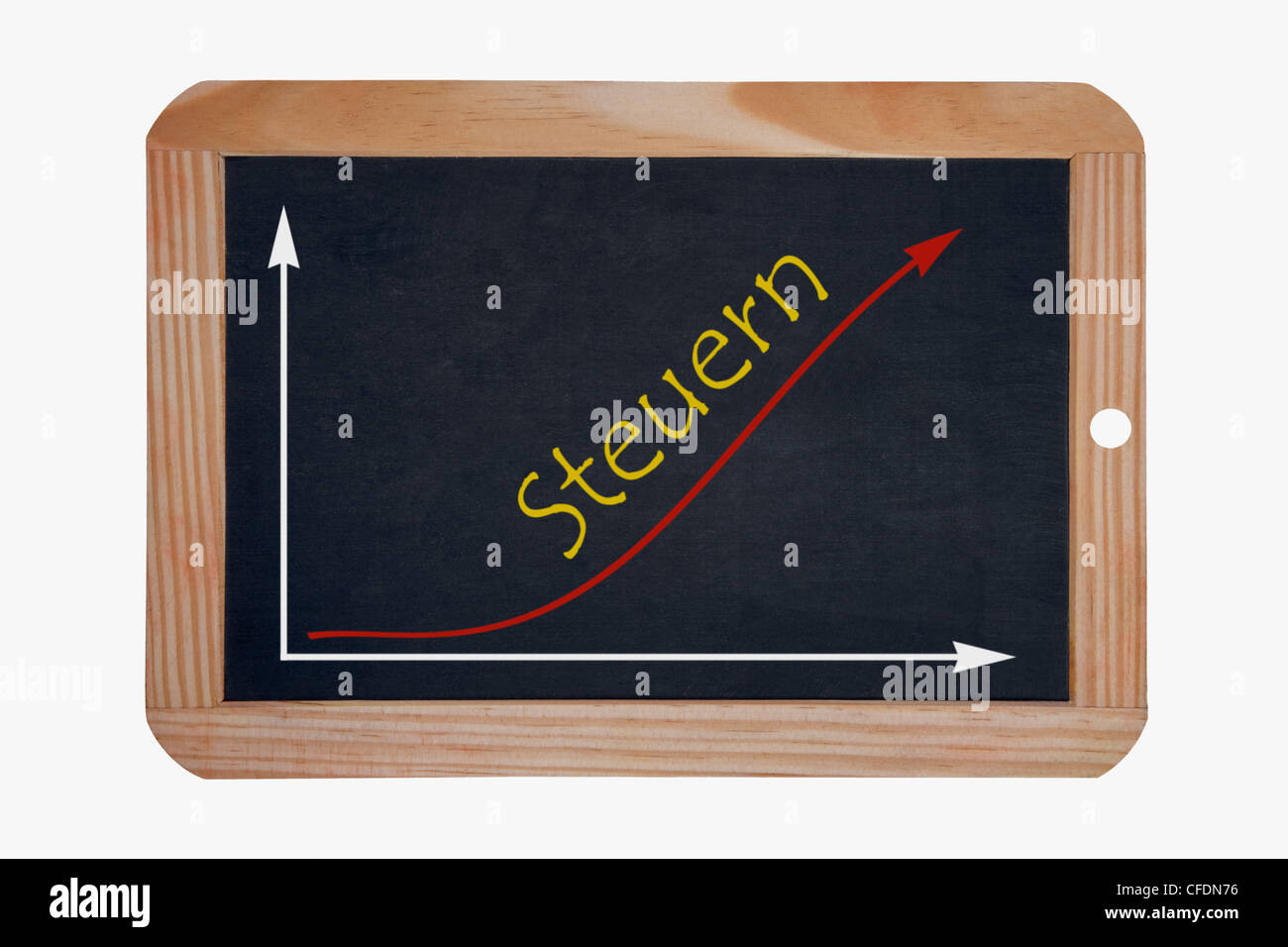 Detail photo of a chalkboard, a chart with an increasing curve on this, beside the word taxes is written in German Stock Photo