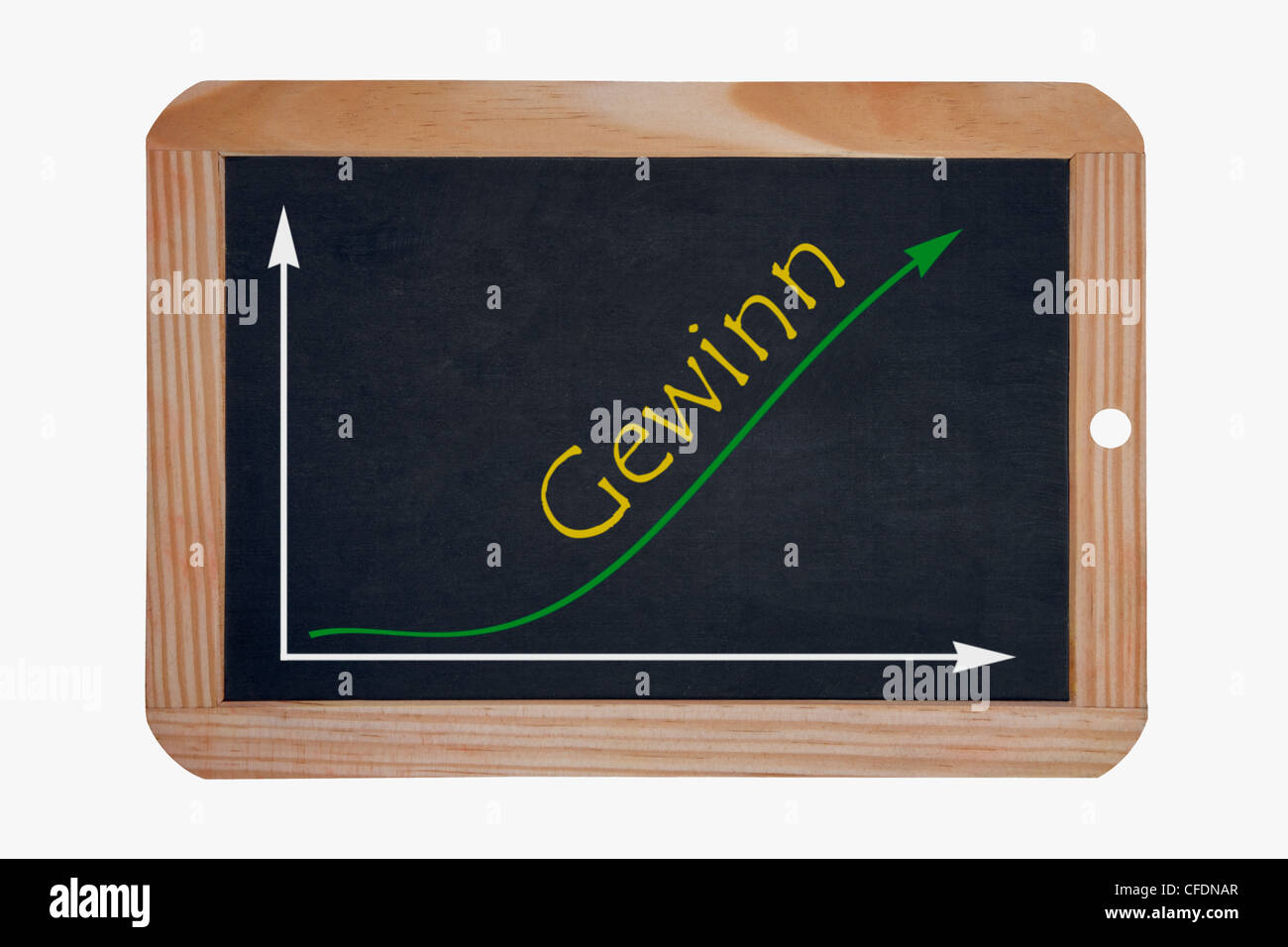Detail photo of a chalkboard, a chart with an increasing curve on this, beside the word gain is written in German Stock Photo