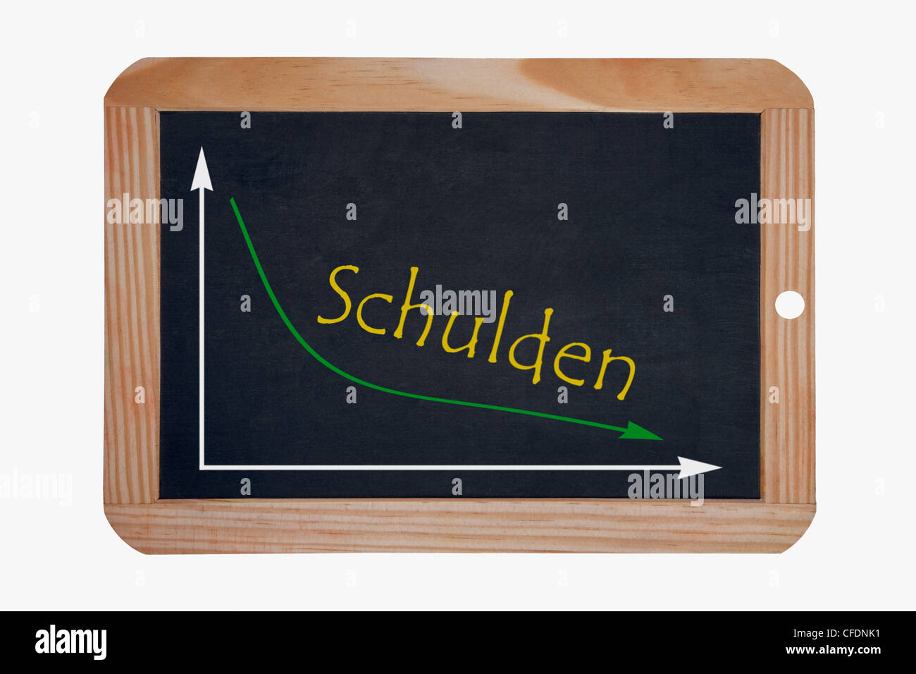 Detail photo of a slate, a chart with an declined curve on this, beside the word debit is written in German, background white. Stock Photo