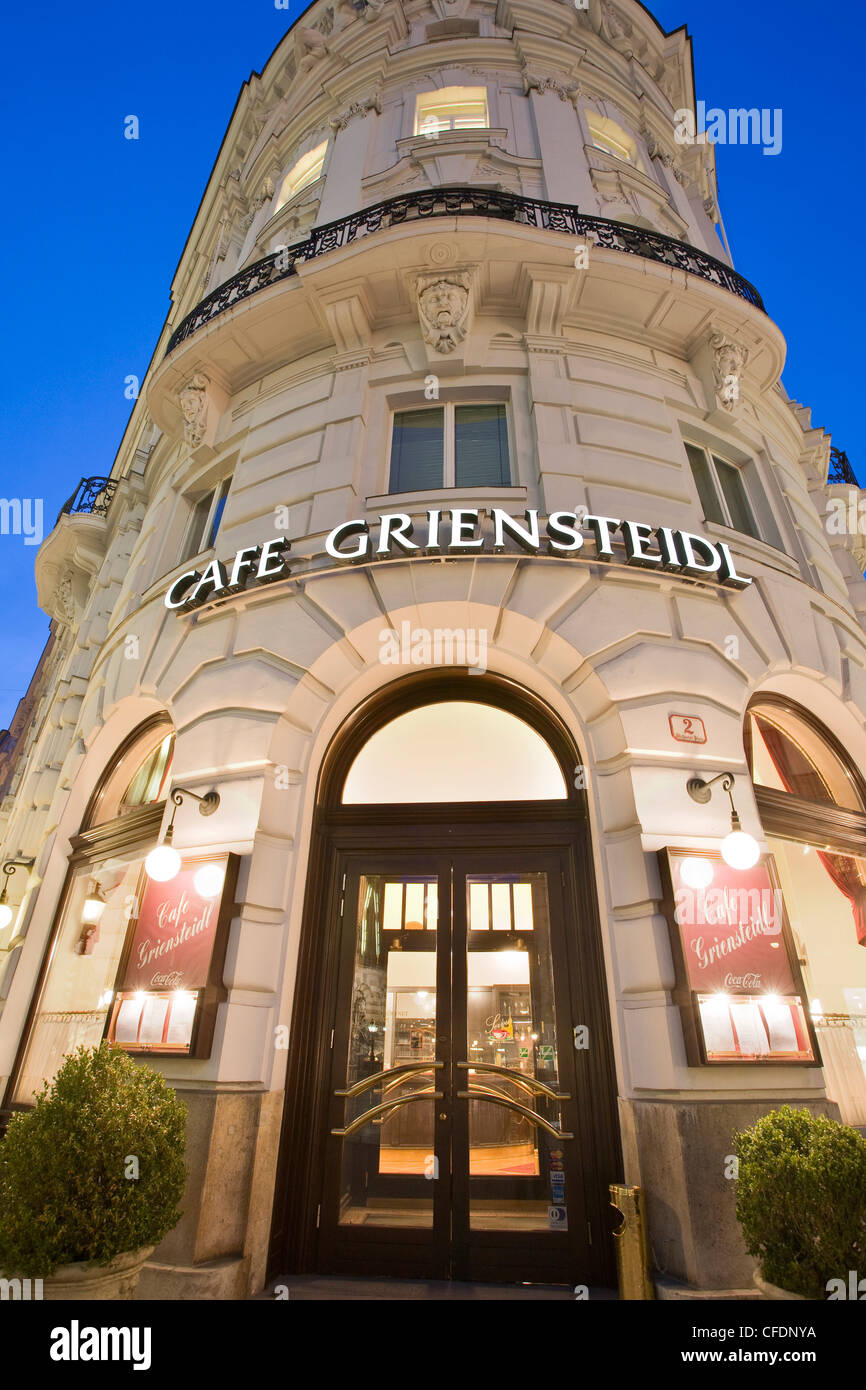 View of Cafe Griensteidl in the evening, Michaela square, 1. Bezirk, Vienna, Austria, Europe Stock Photo